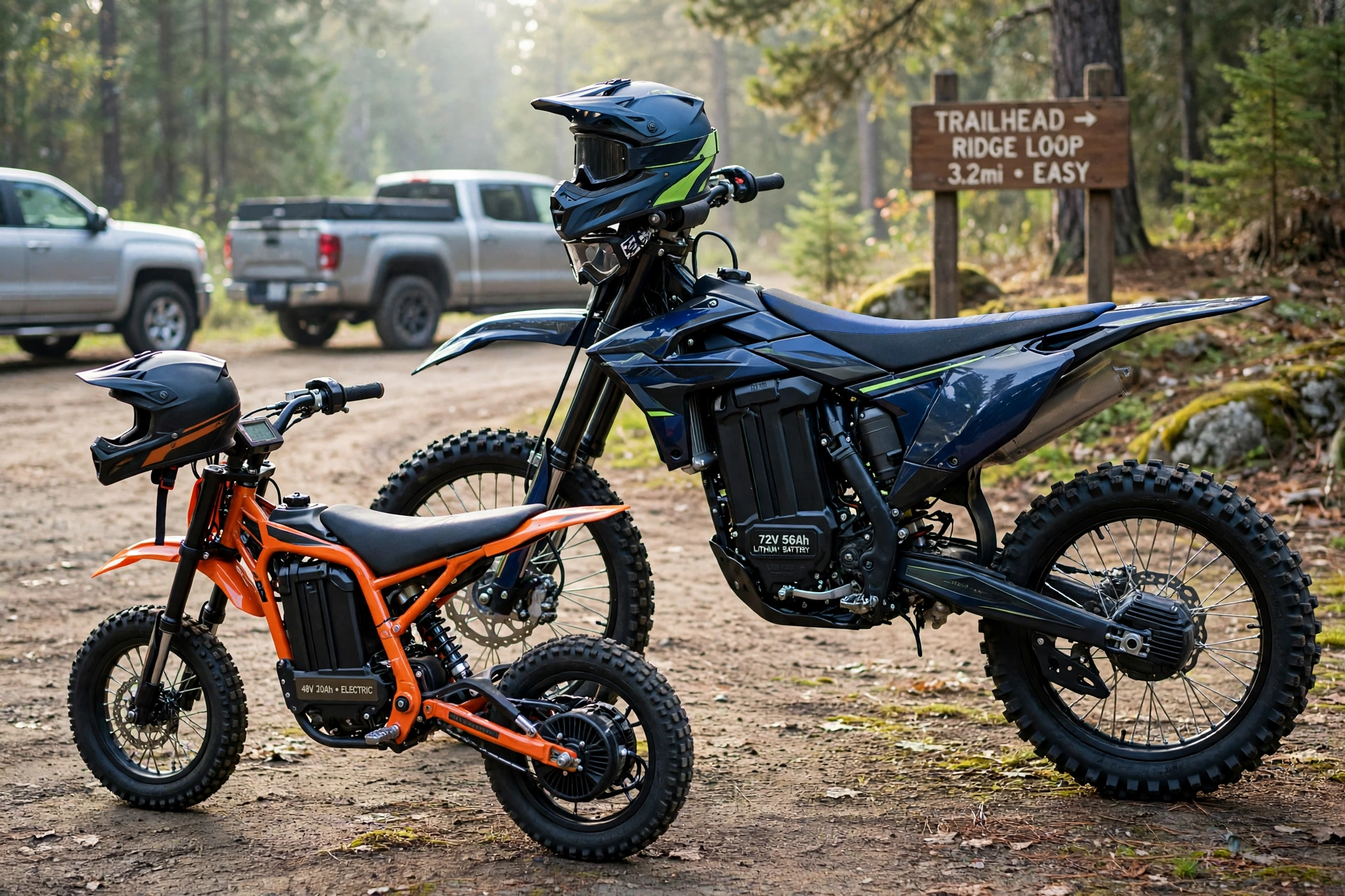 Two sizes of electric dirt bike for teens and adults parked side by side at a trailhead, a compact mini moto beside a full-size motocross bike with helmets resting on the handlebars