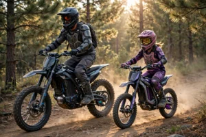 A parent and teenager in full helmets, boots and gloves riding a mid-size and a full-size electric dirt bike for teens and adults along a forest trail