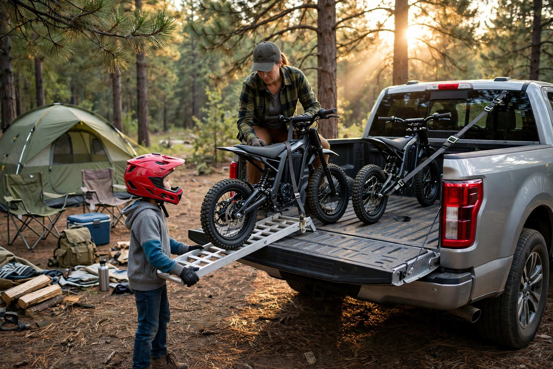 Family loading two small dirt bikes into the bed of a pickup truck at a tree-lined campsite, a helmeted child holding the ramp steady while a parent straps down an electric dirtbike for the ride home