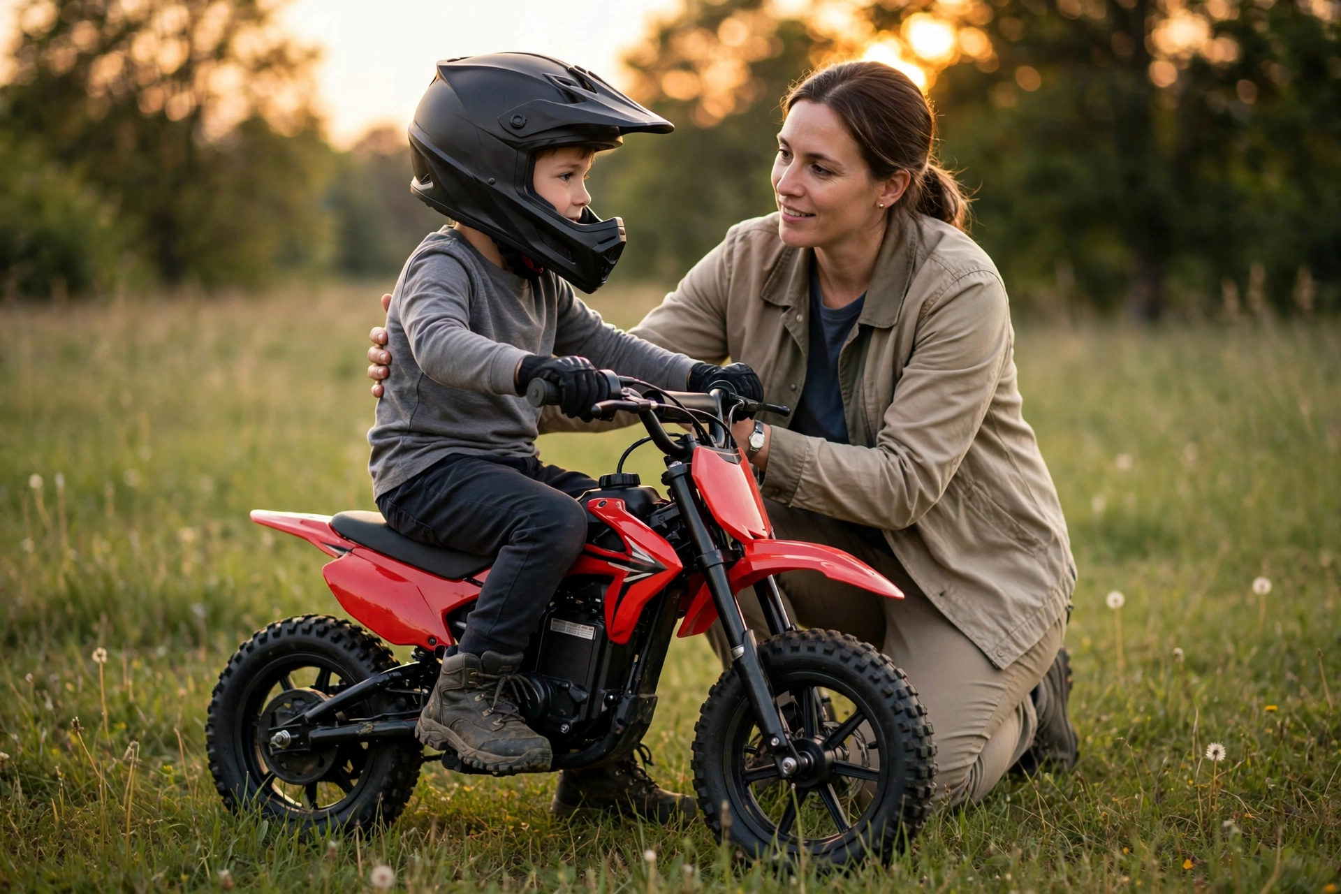Parent kneeling beside a helmeted child sitting on a small red electric dirtbike in a grassy field at golden hour, one hand steadying the child's back during a first throttle lesson