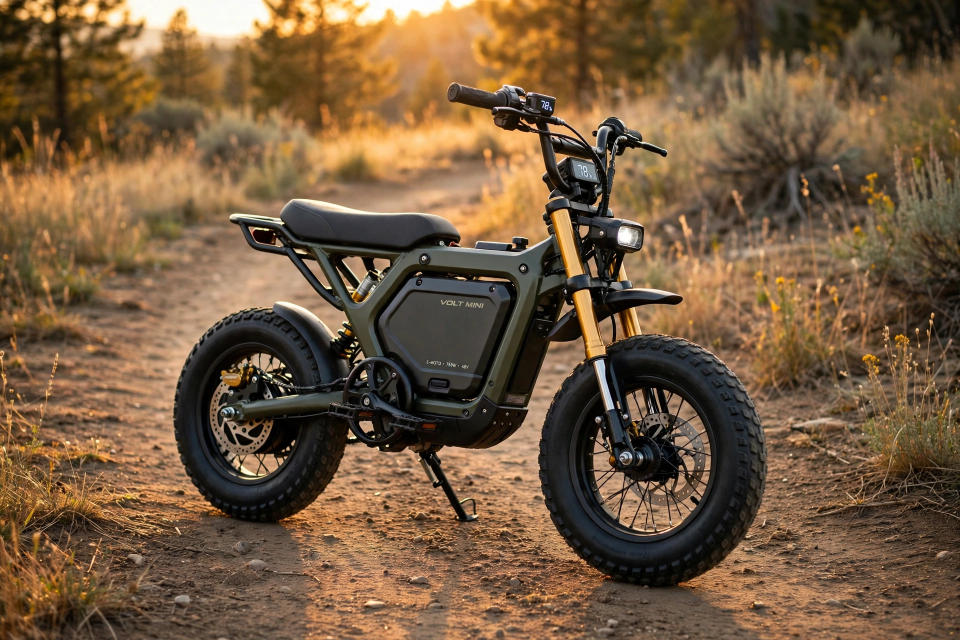 Electric mini bike motorcycle with fat tires on a dirt trail at golden hour
