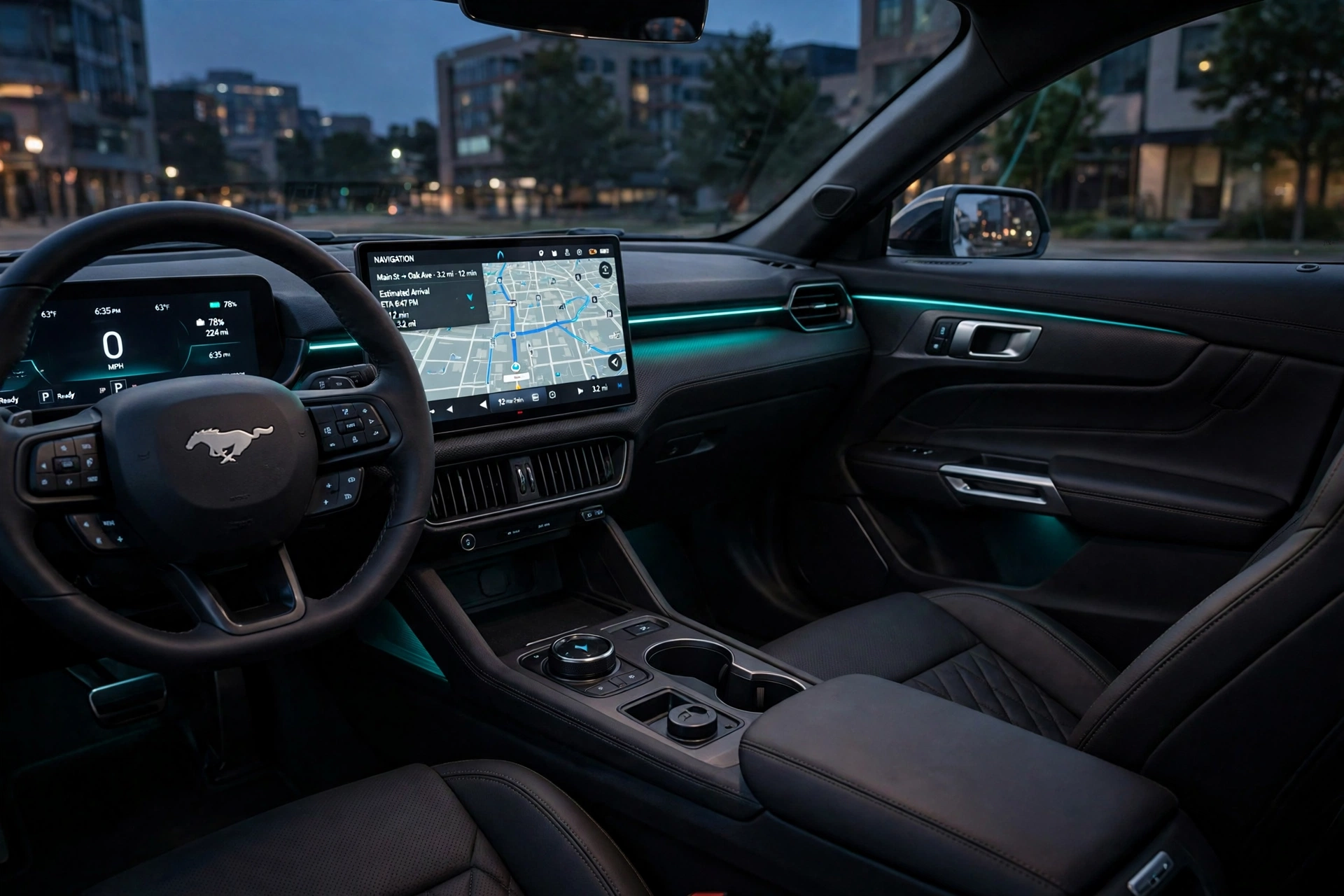 2026 Ford Mustang Mach-E interior with 15.5-inch portrait touchscreen and digital instrument cluster at dusk