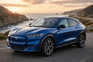 Blue 2026 Ford Mustang Mach-E electric SUV with Mustang pony badge parked on a coastal highway at sunset