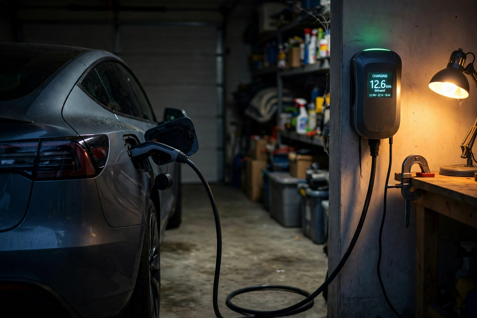 Electric car charging overnight in a garage, its wall charger display showing the kWh delivered past the electricity meter
