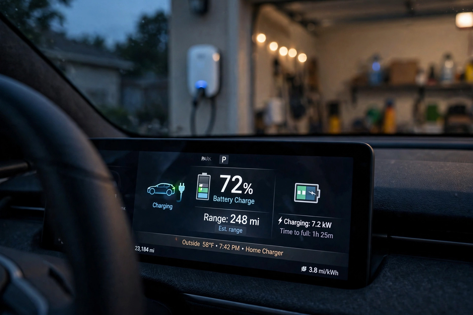 Electric car dashboard showing battery charge level and remaining range while charging at home