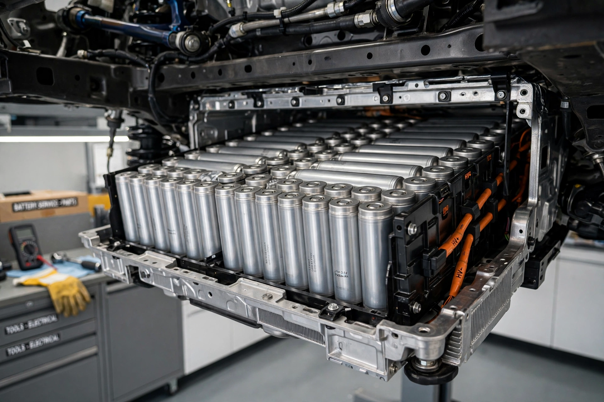 Close-up of an electric vehicle battery pack showing individual lithium-ion cells under a car chassis