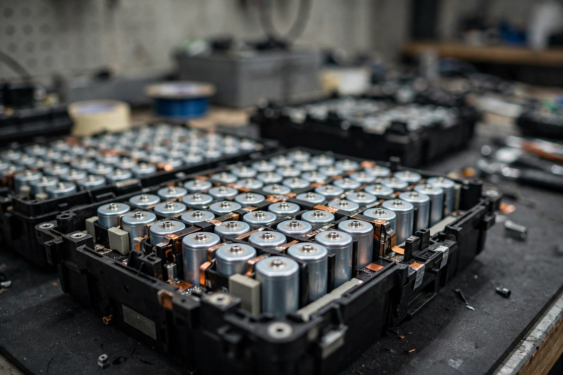 Close-up of EV battery modules with visible cells in workshop