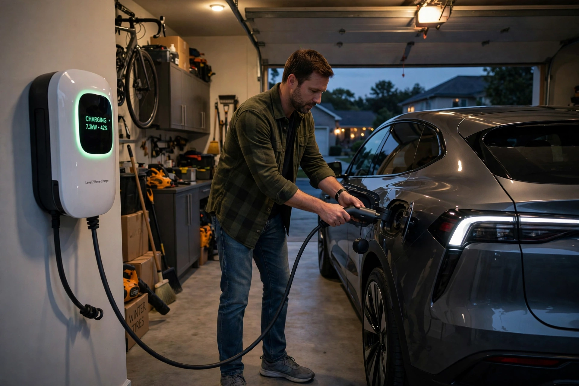 Homeowner plugging in an electric car at a home wall charger in a garage at dusk