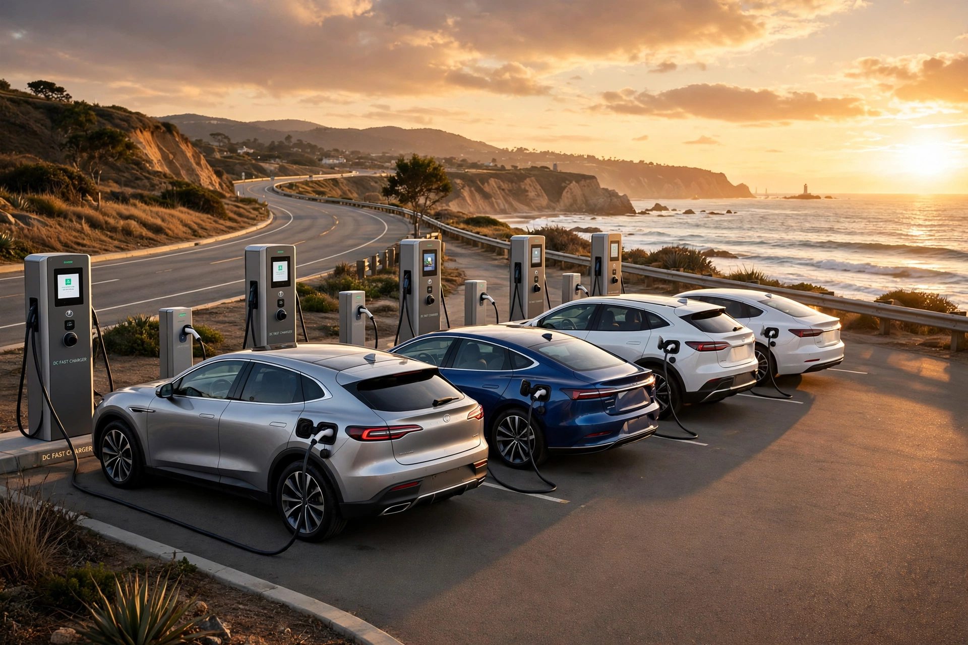 Modern ev cars lined up at DC fast chargers on a coastal highway at sunset