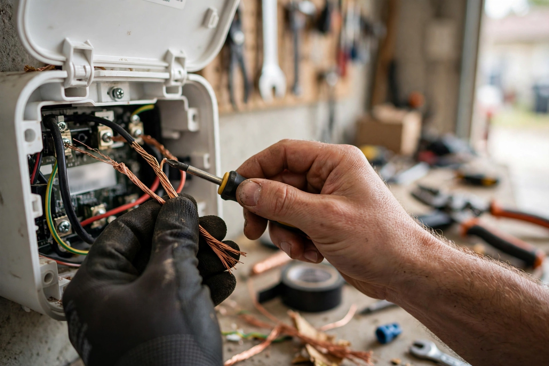 Close-up of electrician hands wiring an EV charger wall unit with copper wiring