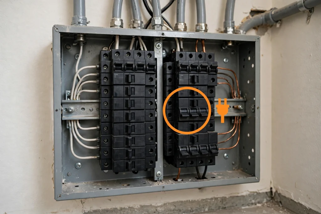 Home electrical breaker panel with circuit breakers for EV charger circuit