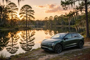 Electric car parked by a lake surrounded by pine trees at sunset