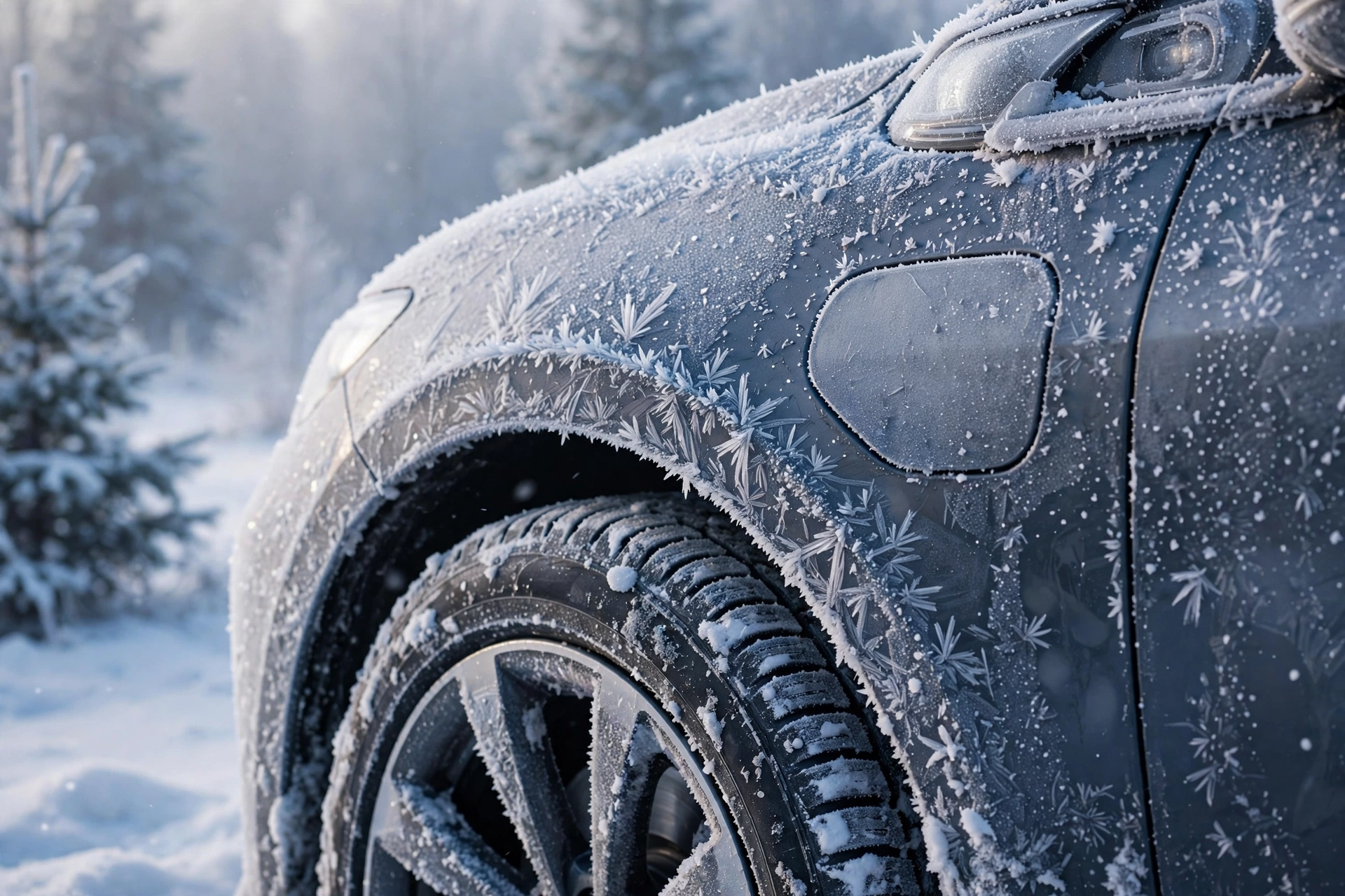 EV cold weather range in action: frost-covered electric car with winter tires in snow
