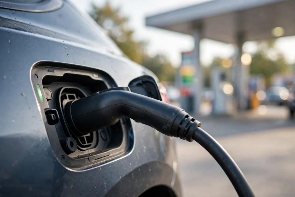 EV charging port plugged in with gas station prices behind — total cost of ownership comparison