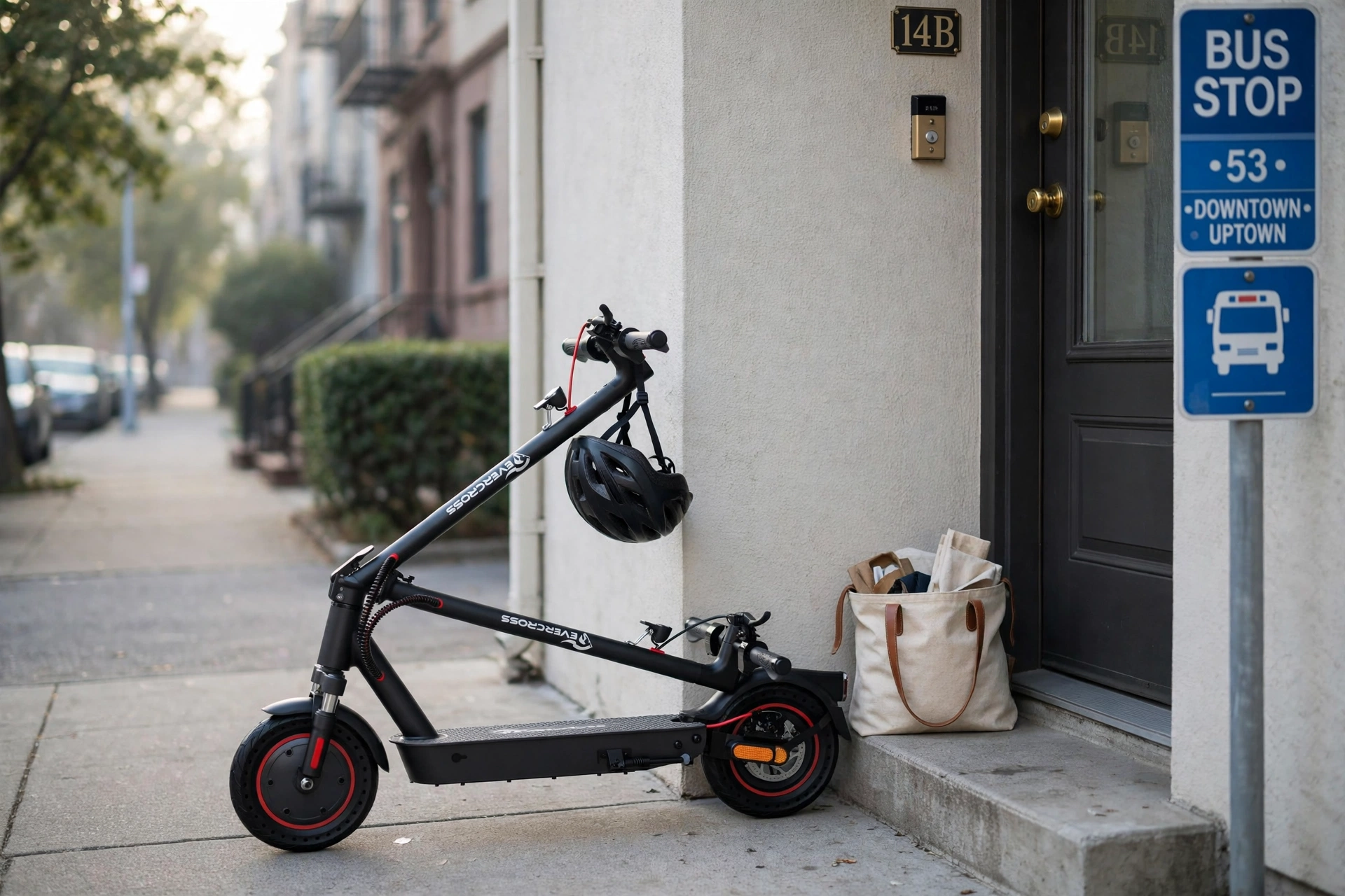 Folded evercross electric scooter with honeycomb tires leaning by an apartment front door next to a bus stop sign, helmet hanging from its stem