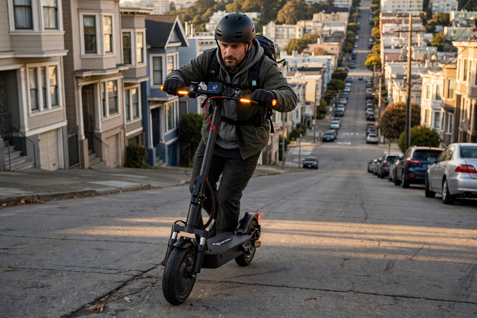 Commuter riding a black evercross electric scooter with 10-inch honeycomb tires and bar-end turn signals up a steep city hill at golden hour
