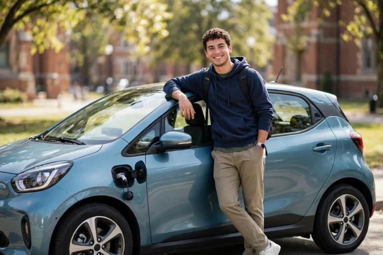 College student standing next to an affordable compact electric car on campus