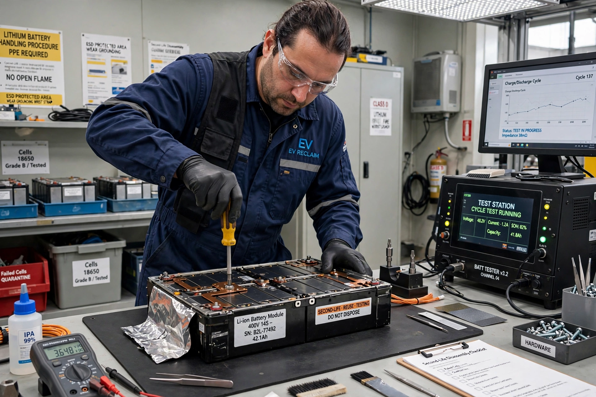 Technician dismantling an electric car battery module for second-life testing