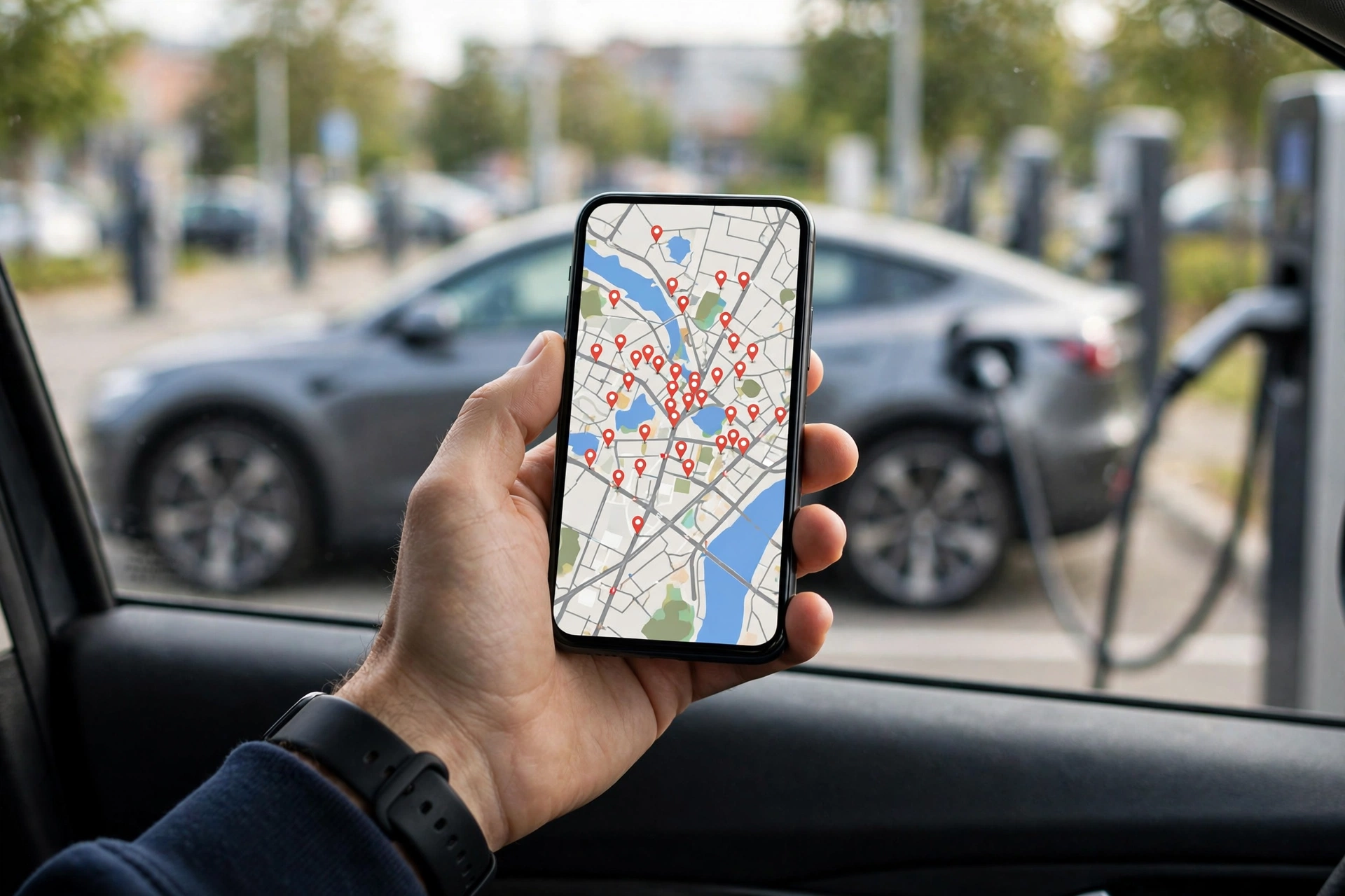 Driver holding a smartphone showing a charging station map app with an EV charging at a station in the background