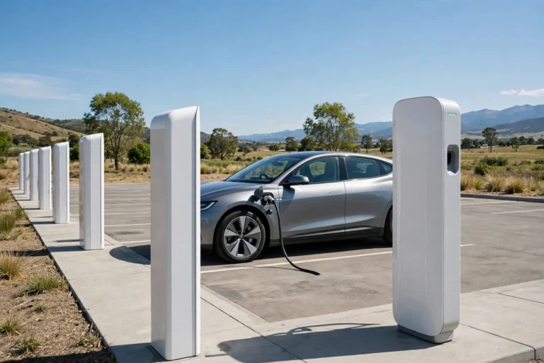 Silver electric car plugged into a modern DC fast charger at a public EV charging station on a clear day