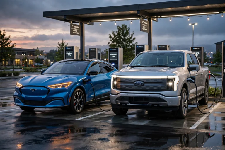 Blue Ford Mustang Mach-E and silver F-150 Lightning electric cars at a charging station at dusk