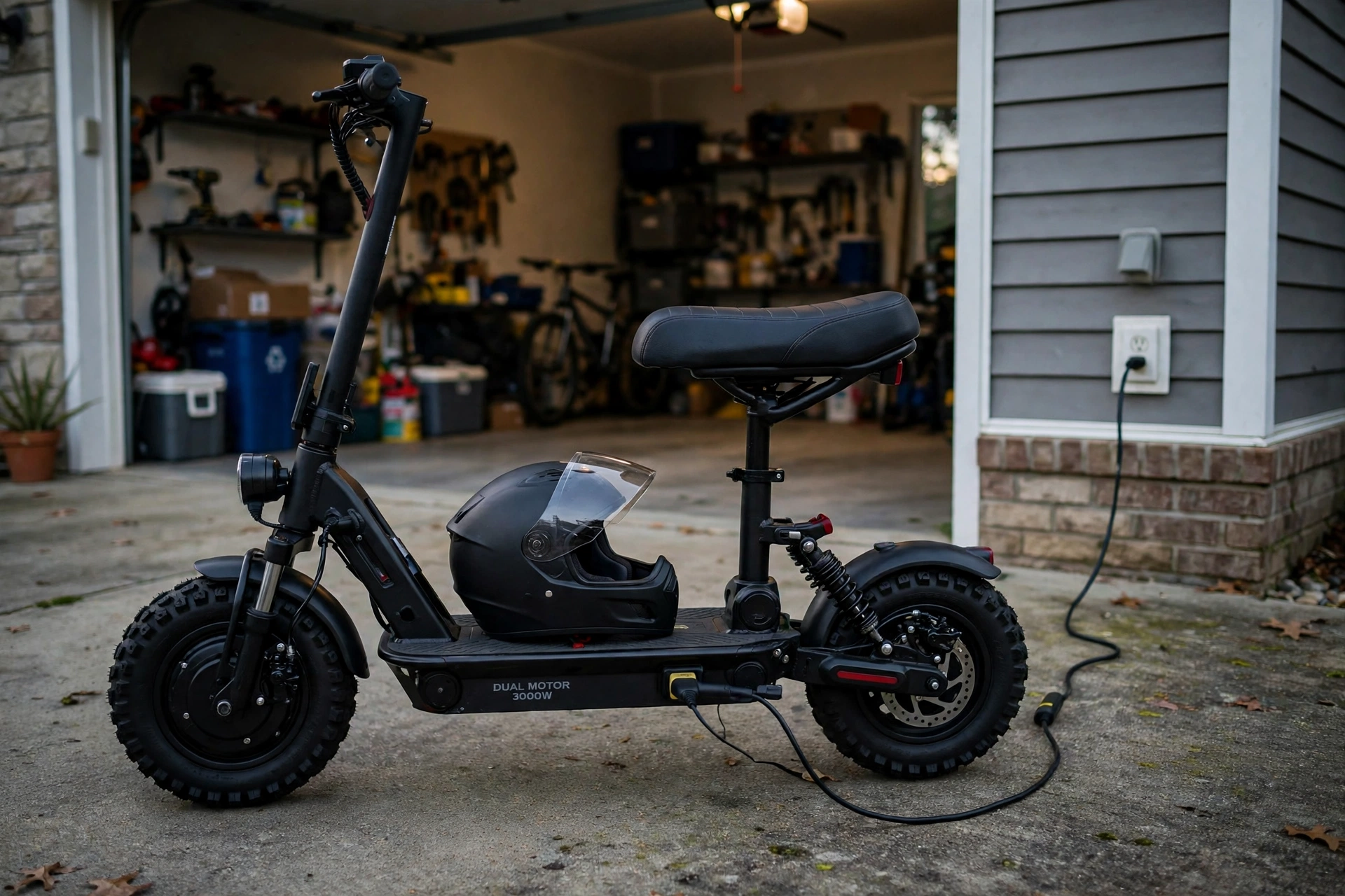 Freeboy J30 Max electric scooter with fitted seat parked on a driveway charging outside a home garage