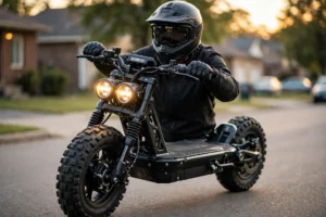 Freeboy J30 Max electric scooter with 11-inch off-road tyres being ridden on a quiet neighbourhood street at golden hour