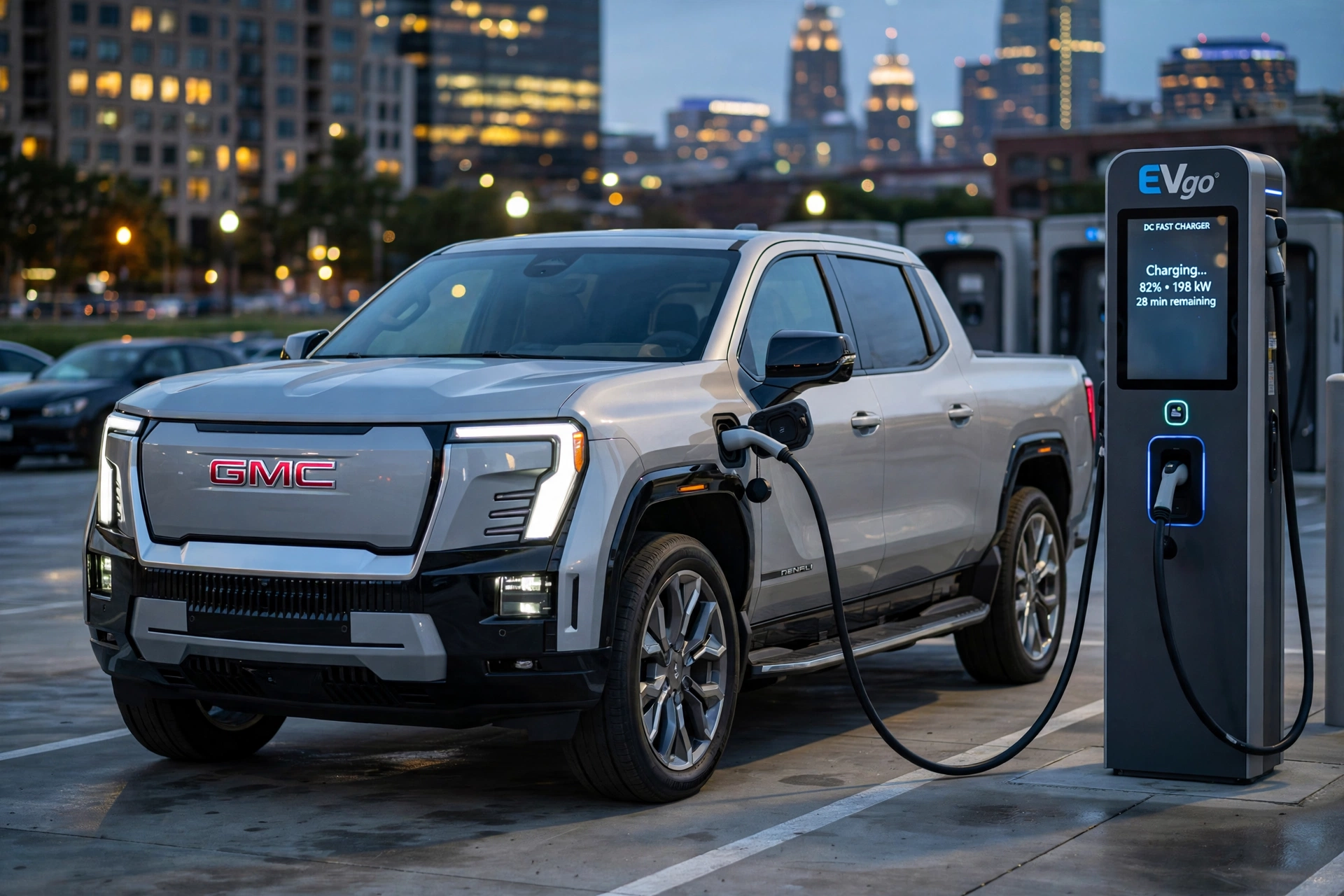Silver GMC Sierra EV electric pickup truck plugged in at a DC fast charging station at dusk
