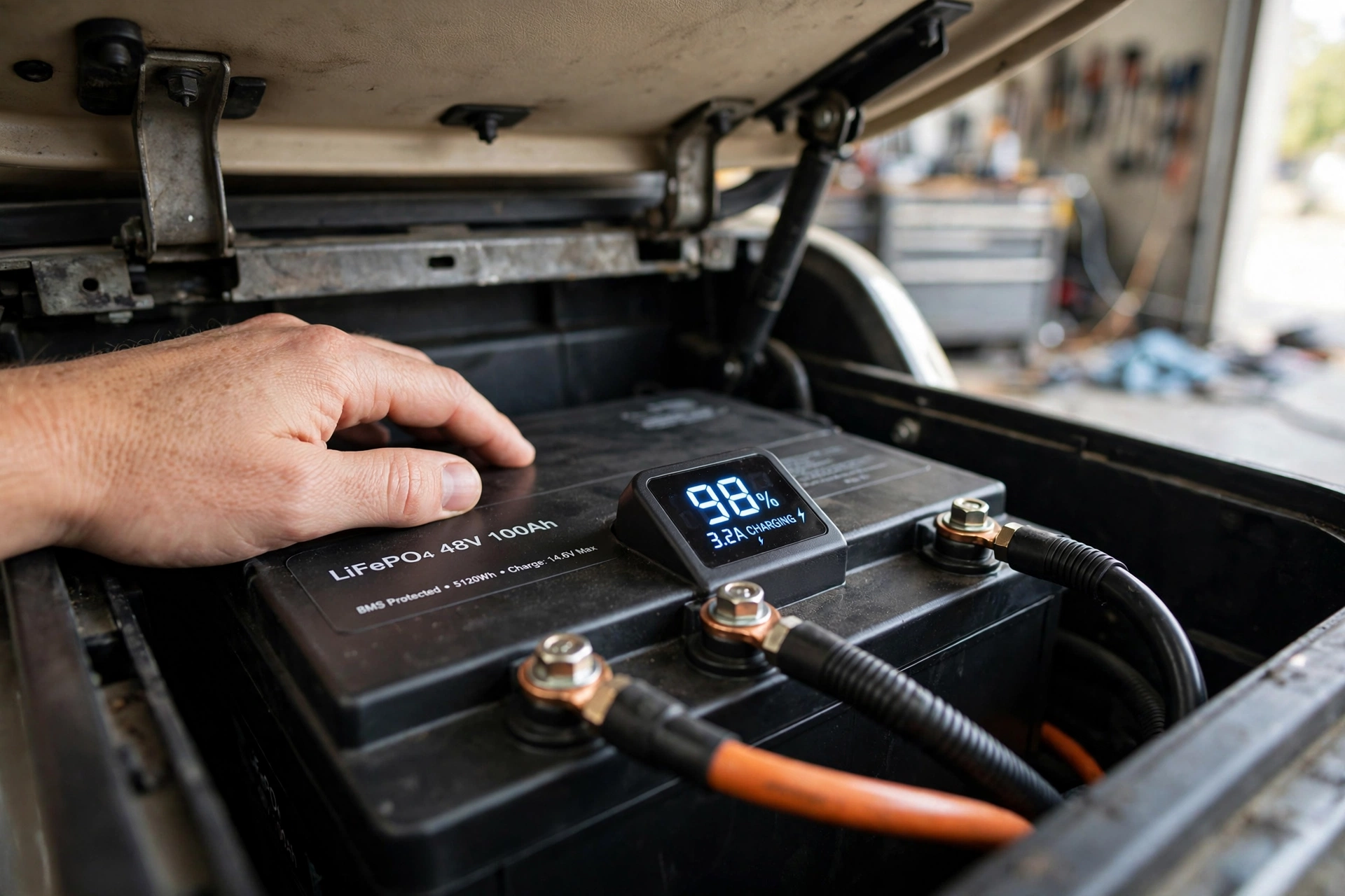Close-up of a lithium battery pack and golf cart charger display inside an open golf cart battery bay