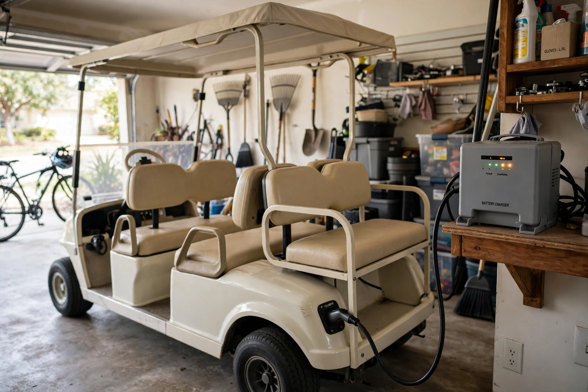 Homeowner plugging a golf cart charger cable into a cream-white golf cart parked in a tidy home garage