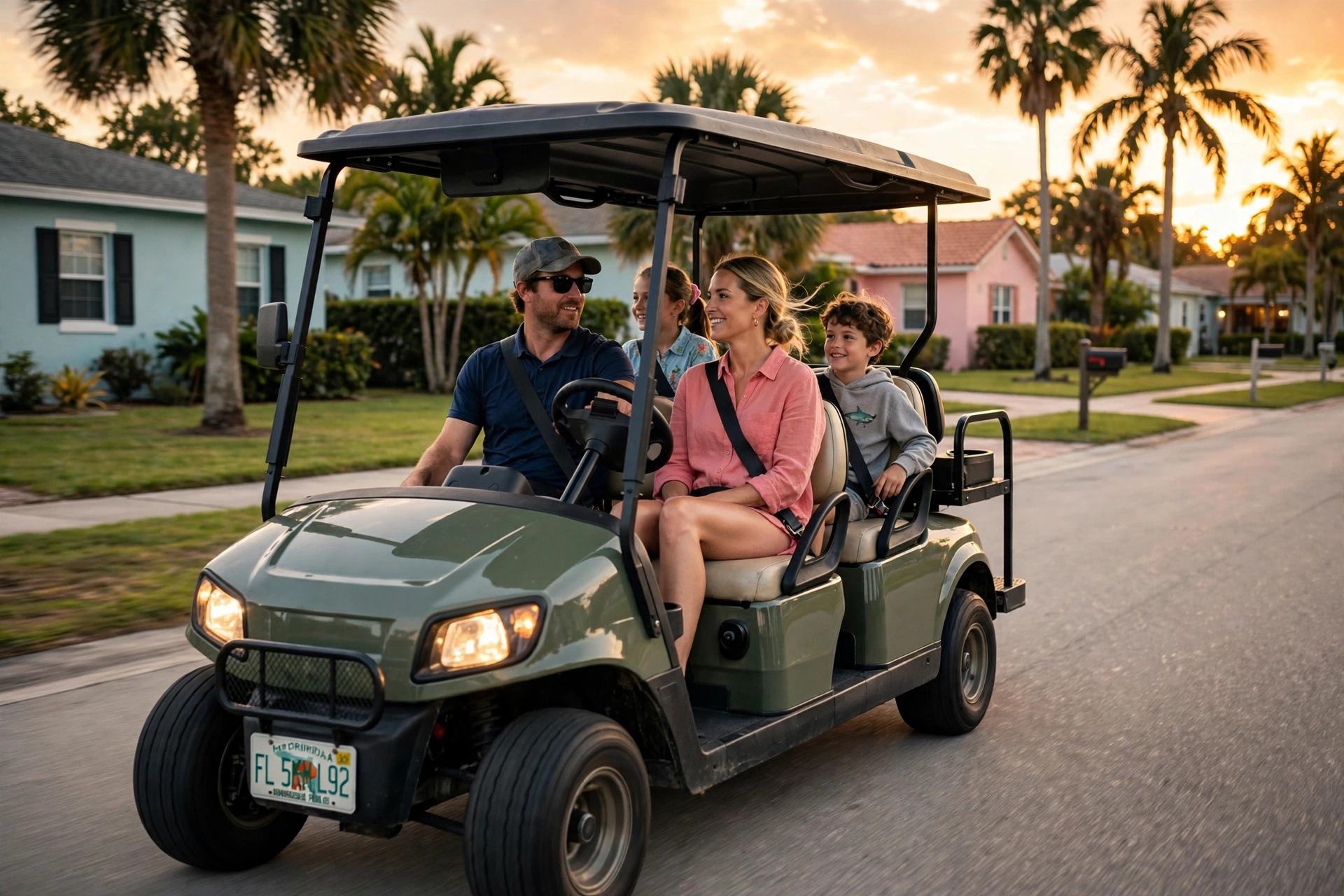 Family riding in a street-legal four-seat golf cart down a palm-lined Florida street at sunset, the drive that smart golf cart financing is meant to pay for