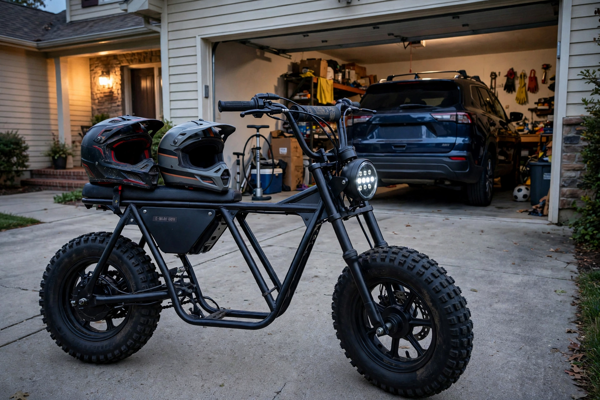 Black gt73 electric dirt bike parked beside a family garage at dusk with two helmets resting on its long flat bench seat