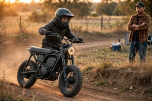 Teen rider in a full-face helmet riding a black gt73 electric dirt bike with a long bench seat and fat knobby tyres around a dirt track while a parent watches from the side