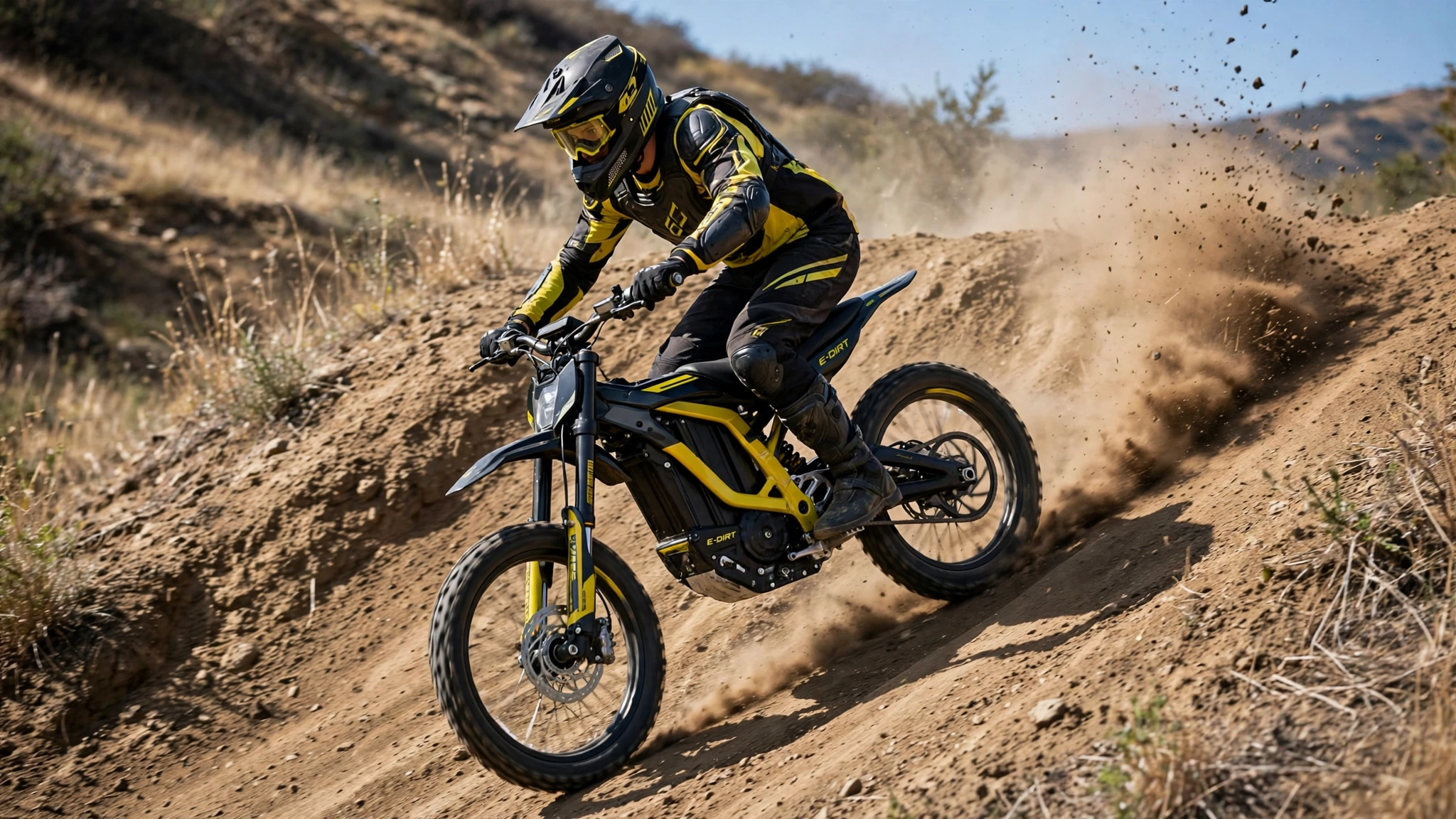 Rider climbing a steep dirt hill on a Heybike Villain electric dirt bike with dust behind the rear wheel