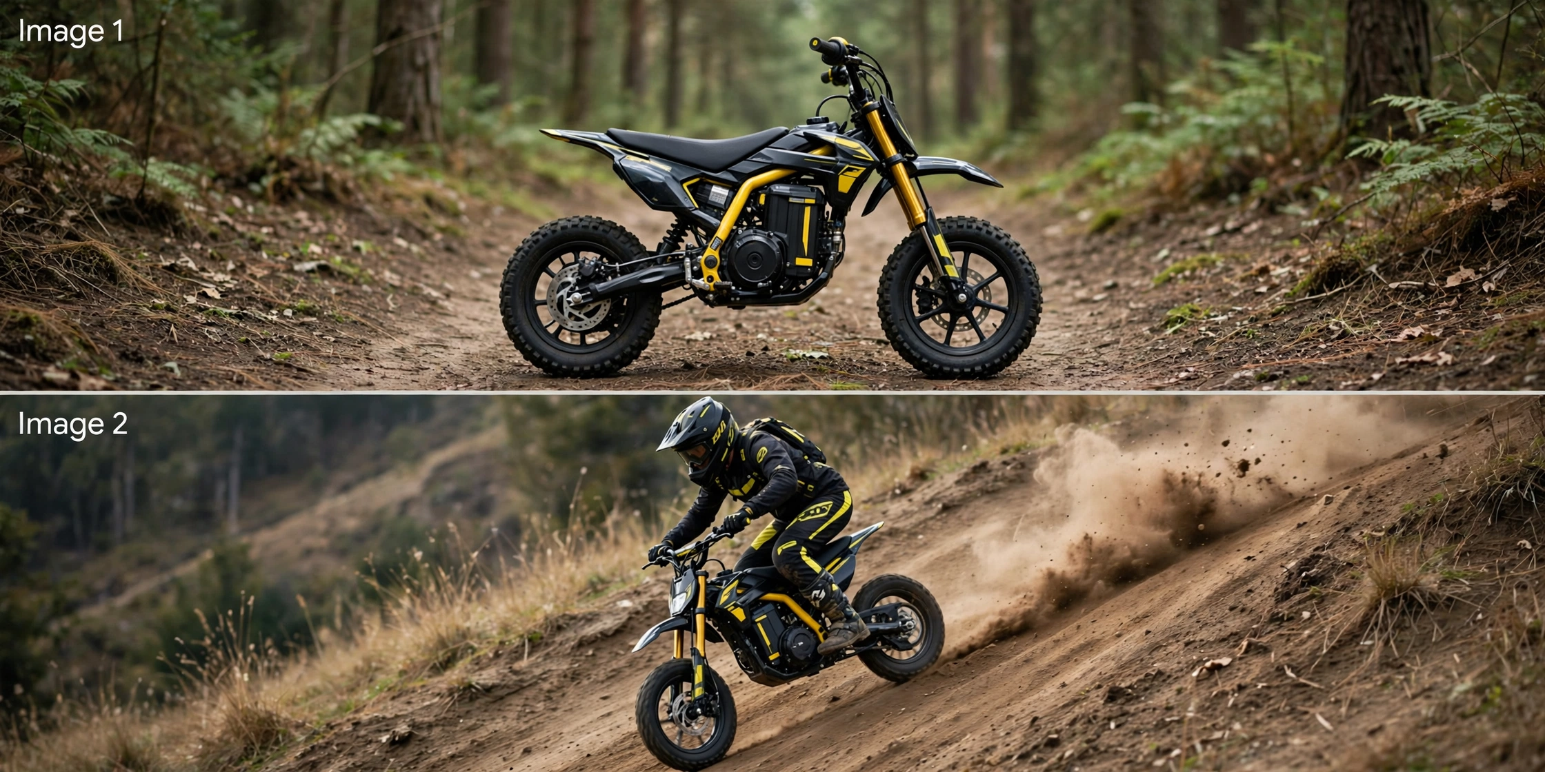 Heybike Villain compact electric dirt bike with knobby tires standing on a forest trail