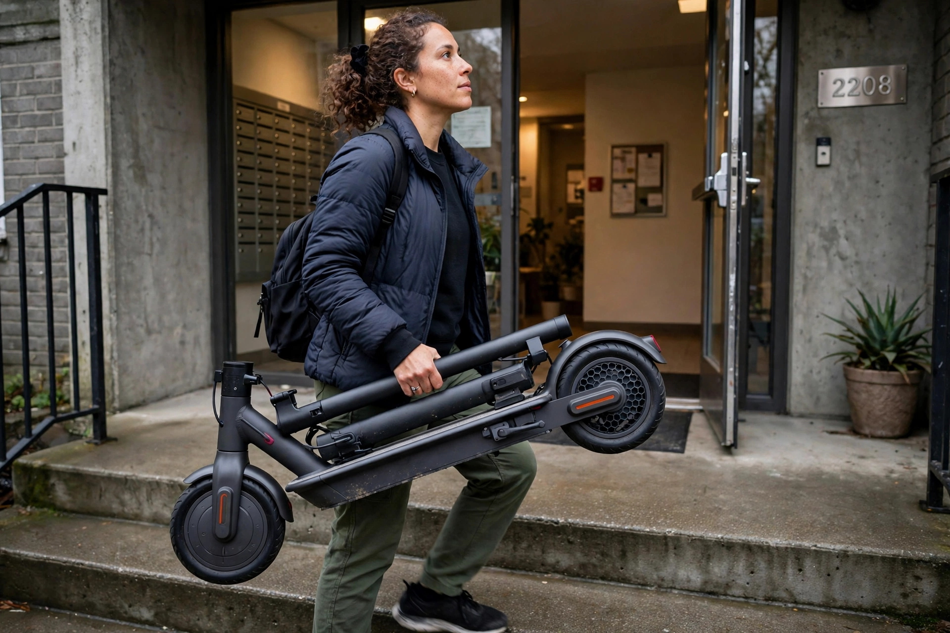 Person carrying a folded hiboy s2 electric scooter up the steps of an apartment building entrance