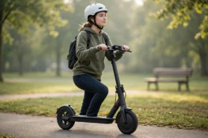Beginner rider wearing a helmet riding a hiboy s2 electric scooter gently along a smooth park path in soft morning light