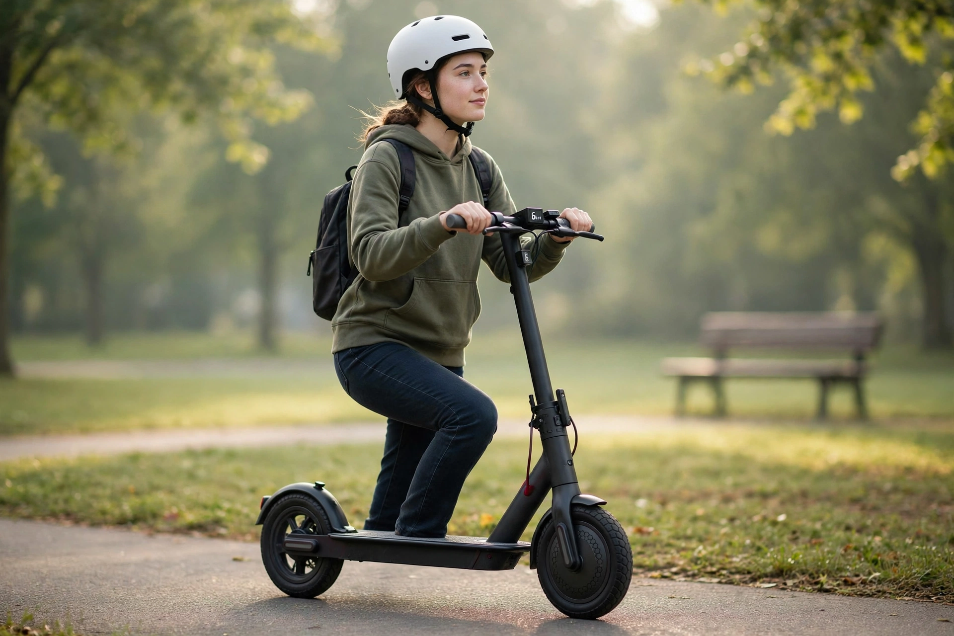 Beginner rider wearing a helmet riding a hiboy s2 electric scooter gently along a smooth park path in soft morning light