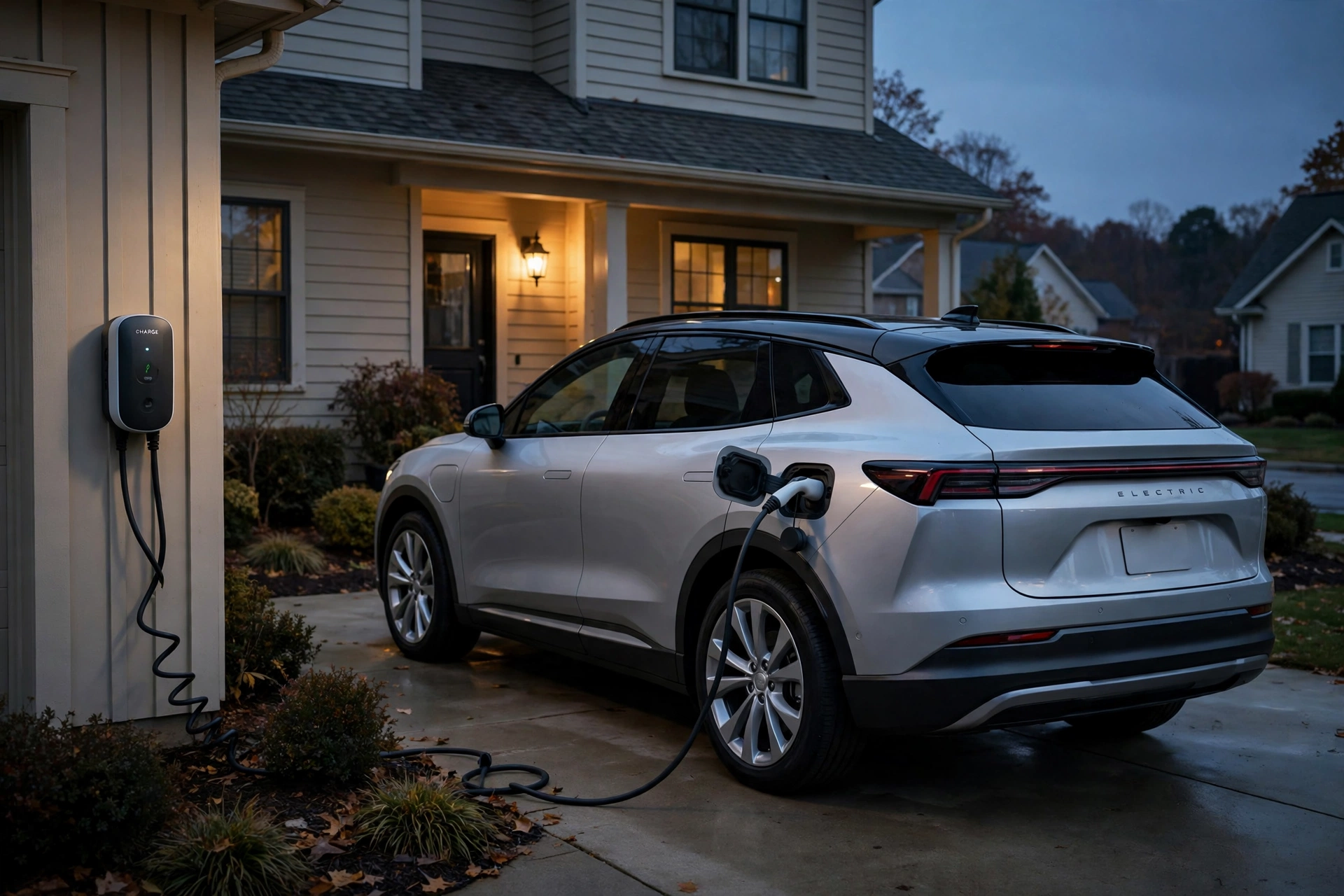 Silver Honda Prologue electric SUV charging at a home wall charger in a driveway at dusk