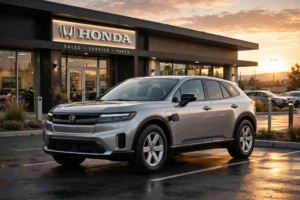 Silver 2026 Honda Prologue electric SUV parked outside a Honda dealership at sunset