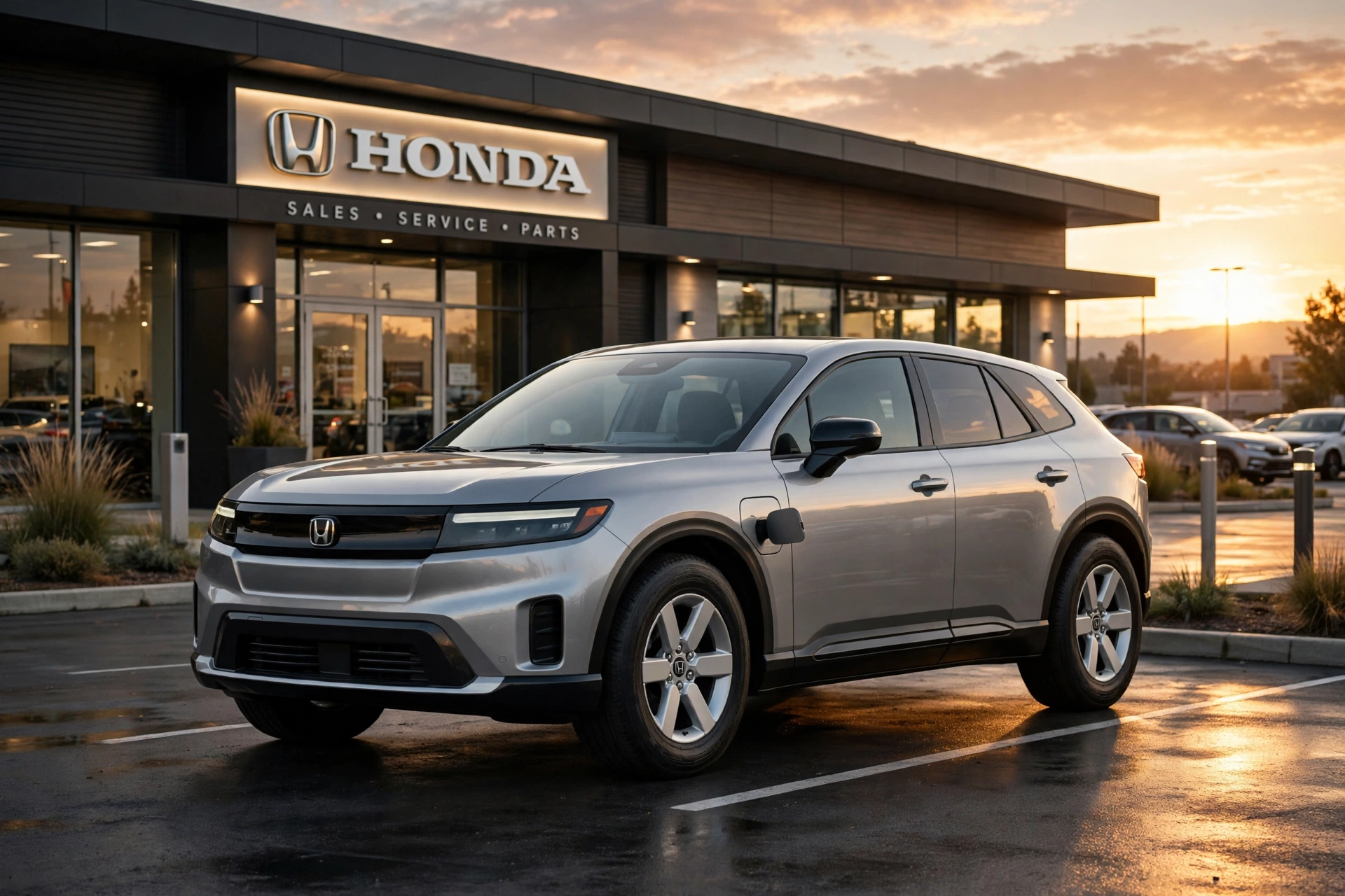 Silver 2026 Honda Prologue electric SUV parked outside a Honda dealership at sunset