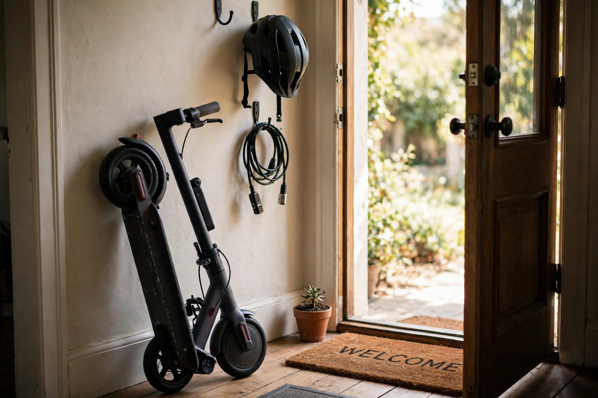 Folded hover 1 scooter stored beside a front door with a helmet and cable lock hanging on hooks nearby