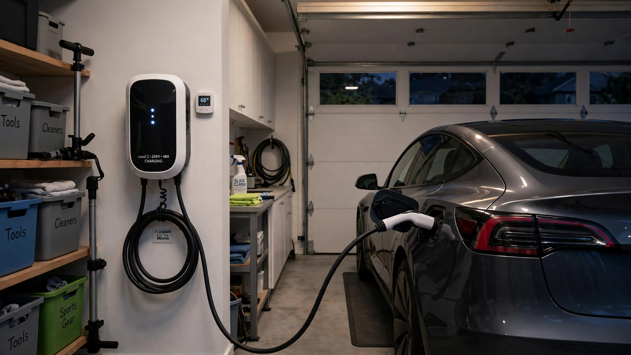 Electric car charging at home overnight on a wall-mounted Level 2 charger in a garage