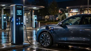 How long does it take to charge an electric car — driver plugging into a DC fast charger at night