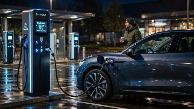 How long does it take to charge an electric car — driver plugging into a DC fast charger at night