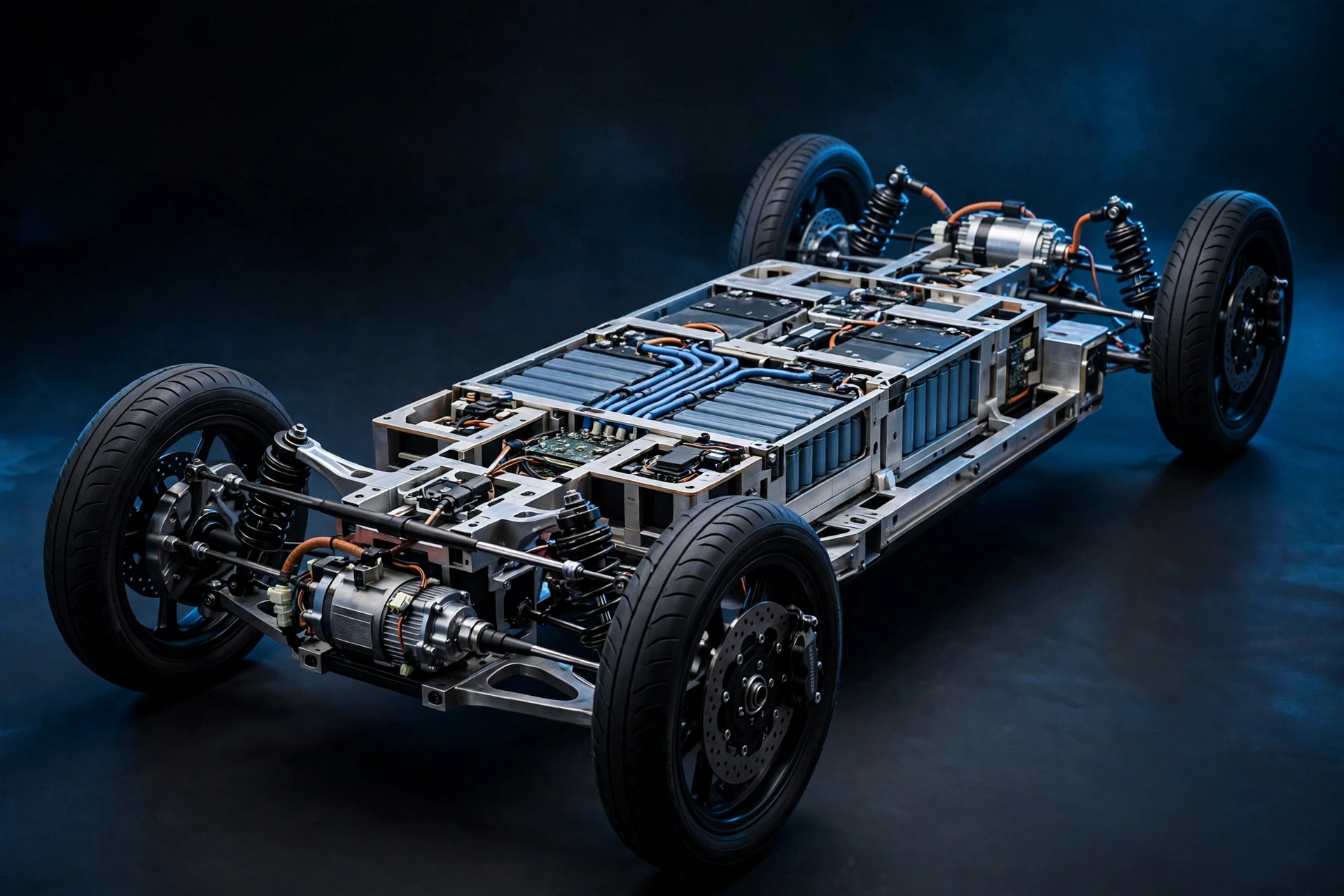 Electric car skateboard platform with a motor on each axle — showing how many electric motors does the Solterra have and where they sit