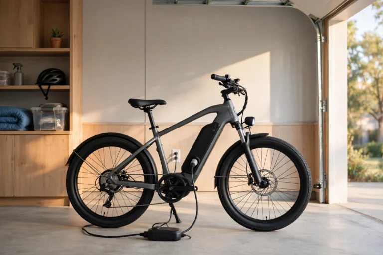 Electric bike plugged into charger in a home garage — cost to charge an electric bike