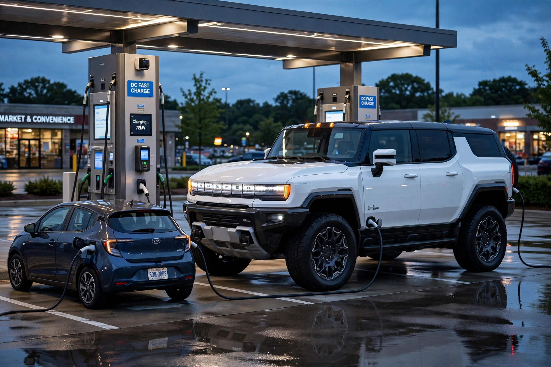 A GMC Hummer EV SUV plugged into a DC fast charging station at dusk, its squared stance and full-width light bar towering over the compact sedan charging in the next bay, the size gap that defines the hummer 2026