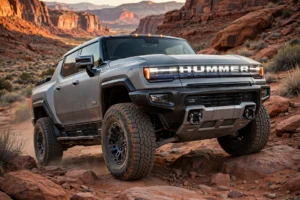 A matte gray GMC Hummer EV pickup raised high on its Extract Mode suspension, climbing a rocky desert trail on 35-inch all-terrain tires, the off-road stance the hummer 2026 was built to show off