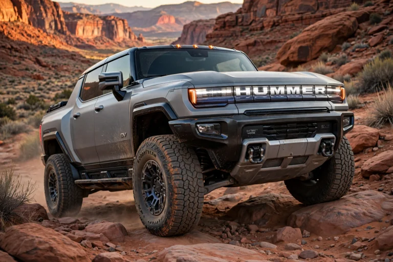 A matte gray GMC Hummer EV pickup raised high on its Extract Mode suspension, climbing a rocky desert trail on 35-inch all-terrain tires, the off-road stance the hummer 2026 was built to show off